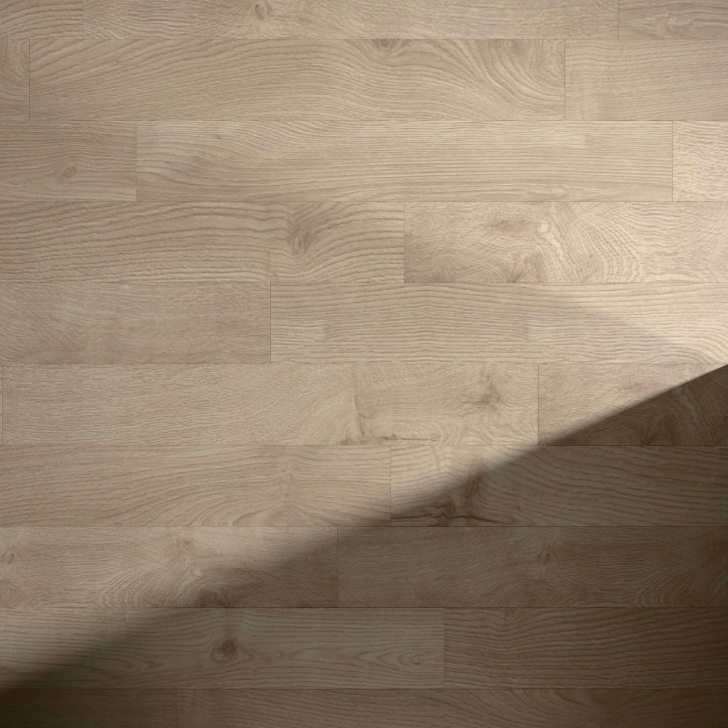Alberta features light wood flooring with visible grain patterns. A diagonal shadow crosses the lower right, contrasting the evenly lit upper left. The clean, smooth surface enhances the overall look.