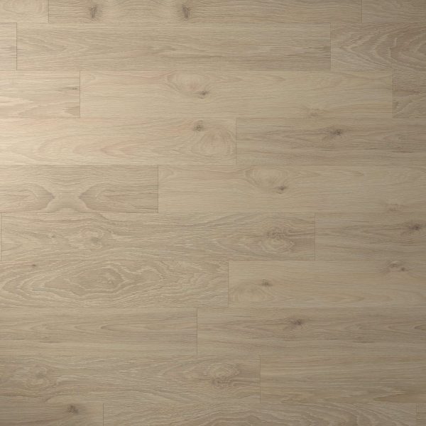 Athabasca light oak wooden floor features a smooth finish with natural wood grain patterns and knots arranged horizontally.