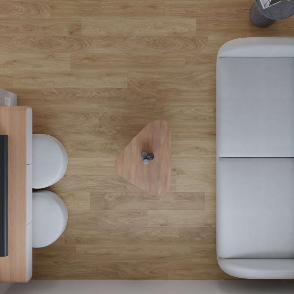 Top-down view of a modern living room featuring a light wood floor, a white sofa, the Pyramid small triangular wooden coffee table with a vase, a wooden desk, and two white round stools.