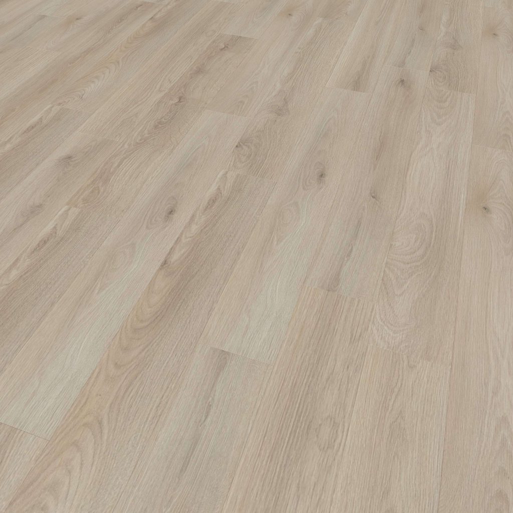 Tekarra is a light wood laminate flooring with a natural grain pattern in soft beige and tan tones. Diagonally arranged planks create a clean, modern look and subtle texture.