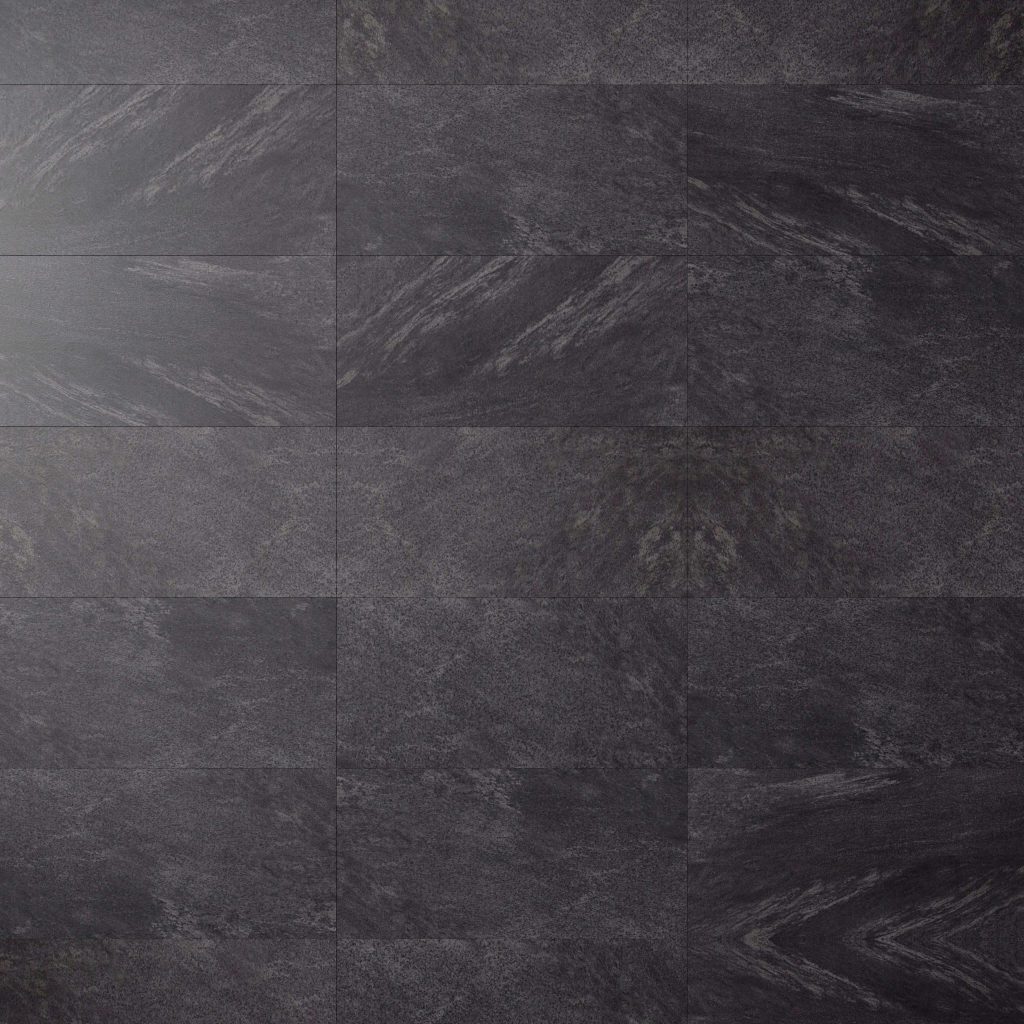 Close-up of Anthracite: a dark gray, stone-textured tile floor featuring a subtle natural pattern and visible seams between rectangular tiles. The surface is smooth with slight shading variations.