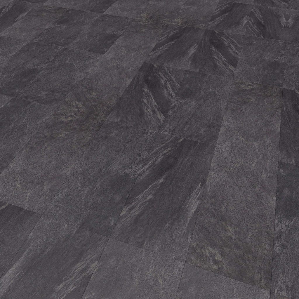 Anthracite floor tiles in dark gray feature a textured surface with natural stone-like variations and subtle streaks, arranged in a staggered pattern.