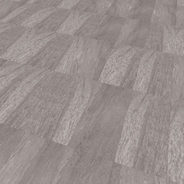 Cenere Grey tiles feature a subtle texture and varied gray shades, arranged in a staggered pattern to create an elegant and modern floor surface.