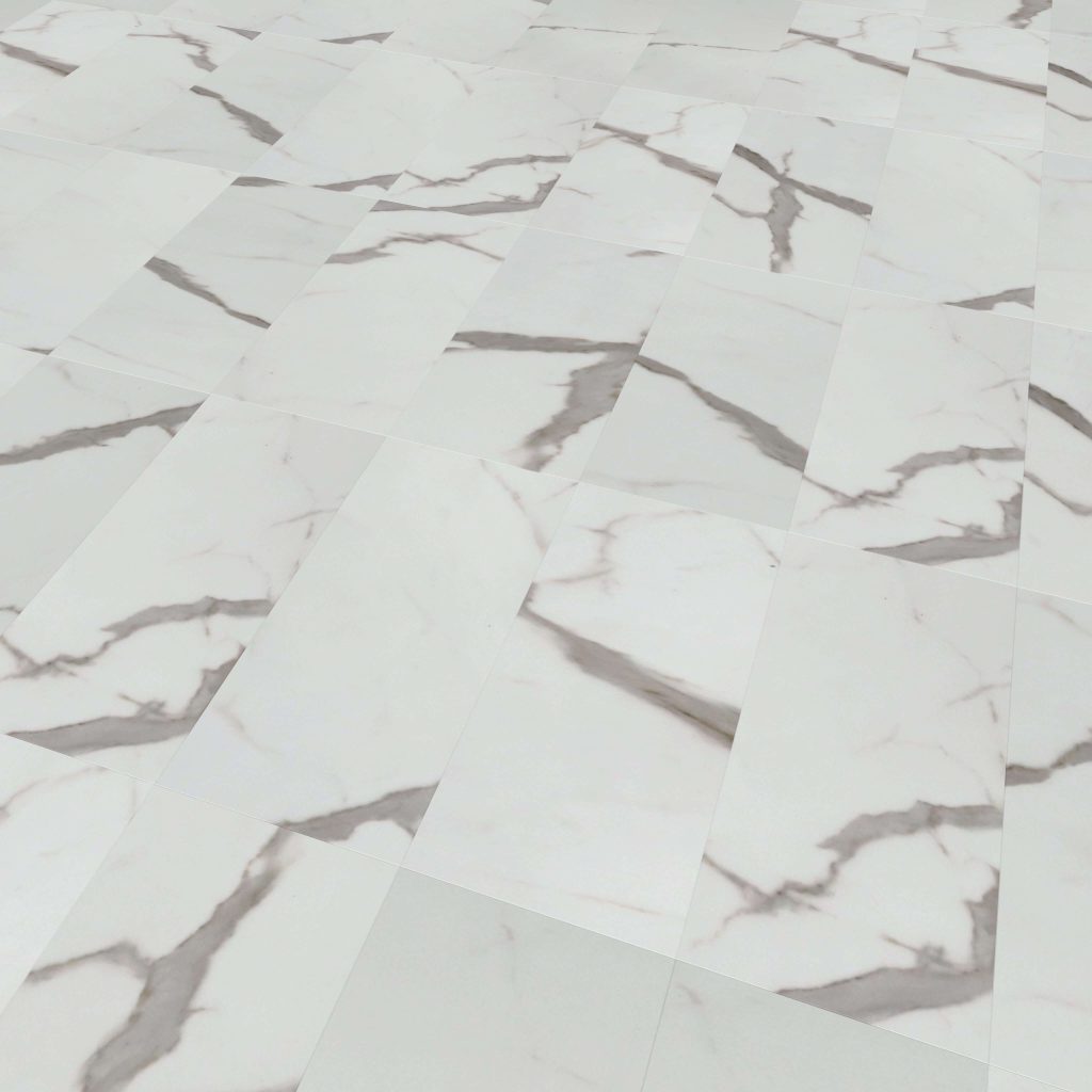 Calcatta* floor tiles feature white marble with gray veining, arranged in a staggered pattern. The smooth, polished surface subtly reflects light.