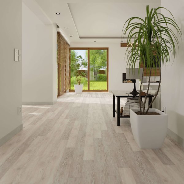 Beach House* features a bright, modern room with light wood flooring, large windows overlooking a green garden, potted plants, a black table, and white walls for an open, airy feel.