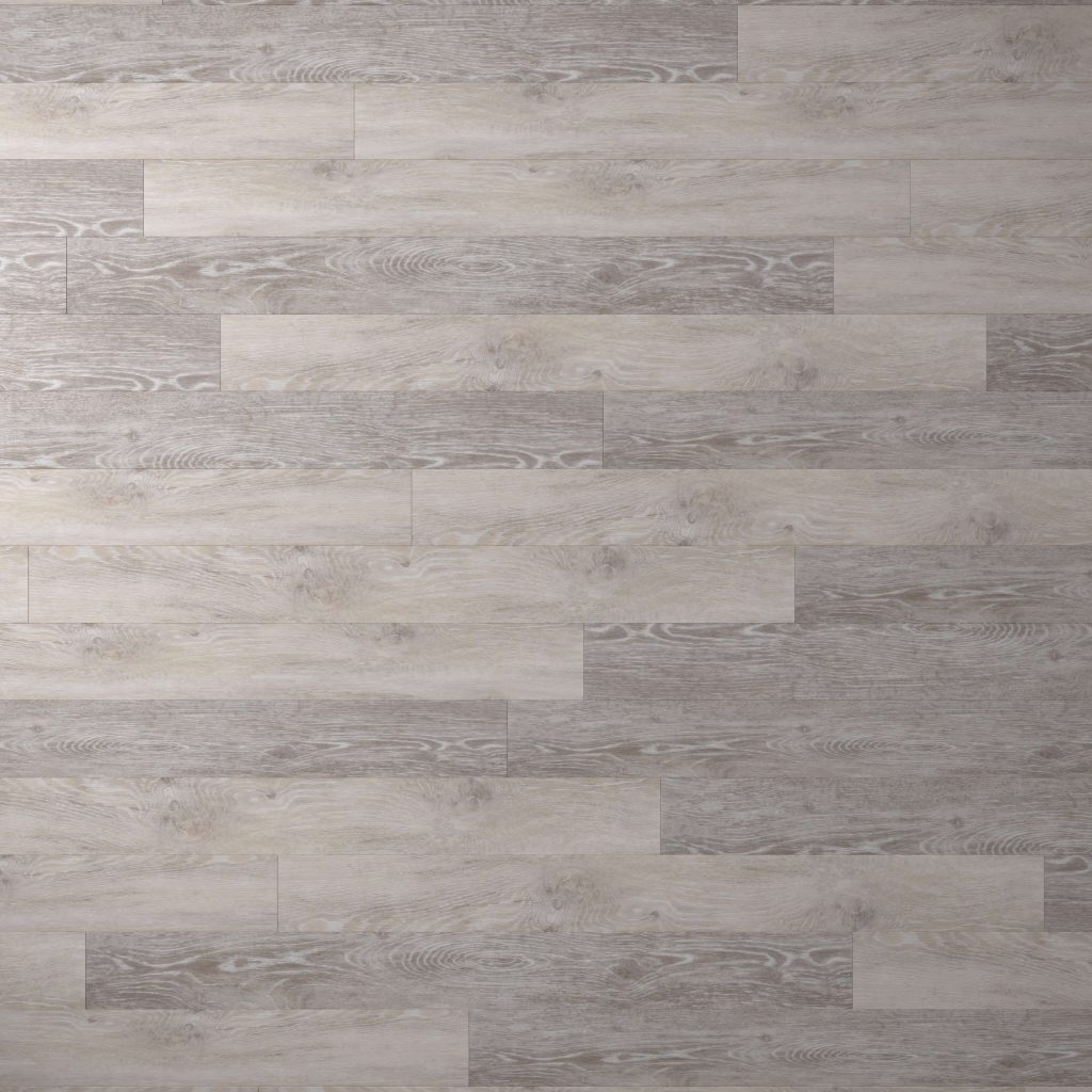 Beach House* features a light gray wooden floor with a subtle wood grain pattern and staggered plank layout, offering modern, clean, and natural appeal through its textured finish and color variations.