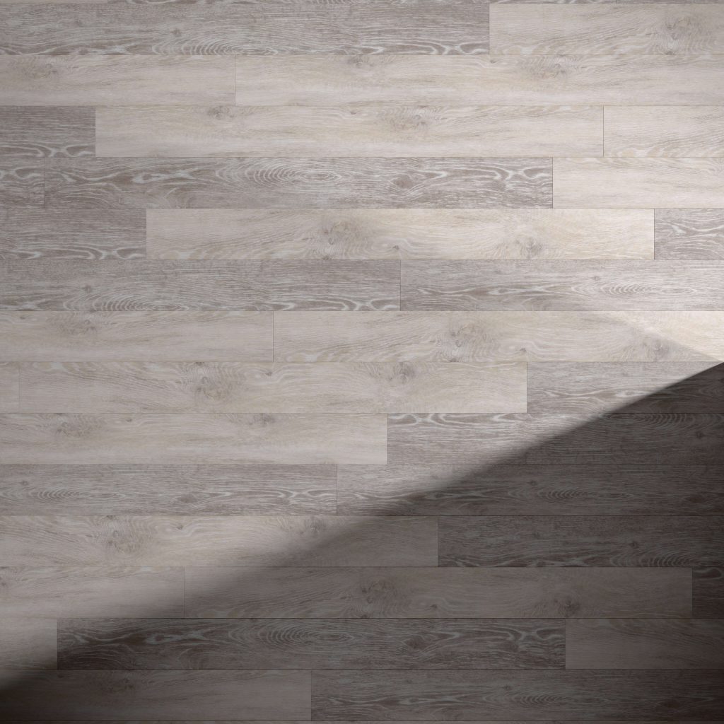 Beach House* features light gray wooden floorboards with a visible wood grain pattern. A diagonal shadow across the lower right hints at light from above, while the clean floor remains unadorned.