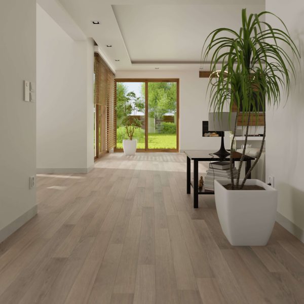 The Sandy Ridge features a bright, modern living space with light wood flooring, large windows overlooking a green garden, indoor potted plants, and a black console table set against a white wall.