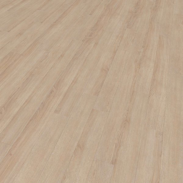 Spring Creek features a light wood tone with natural grain, arranged in staggered planks. Its smooth, matte surface creates an expansive look, as shown from an angled view.