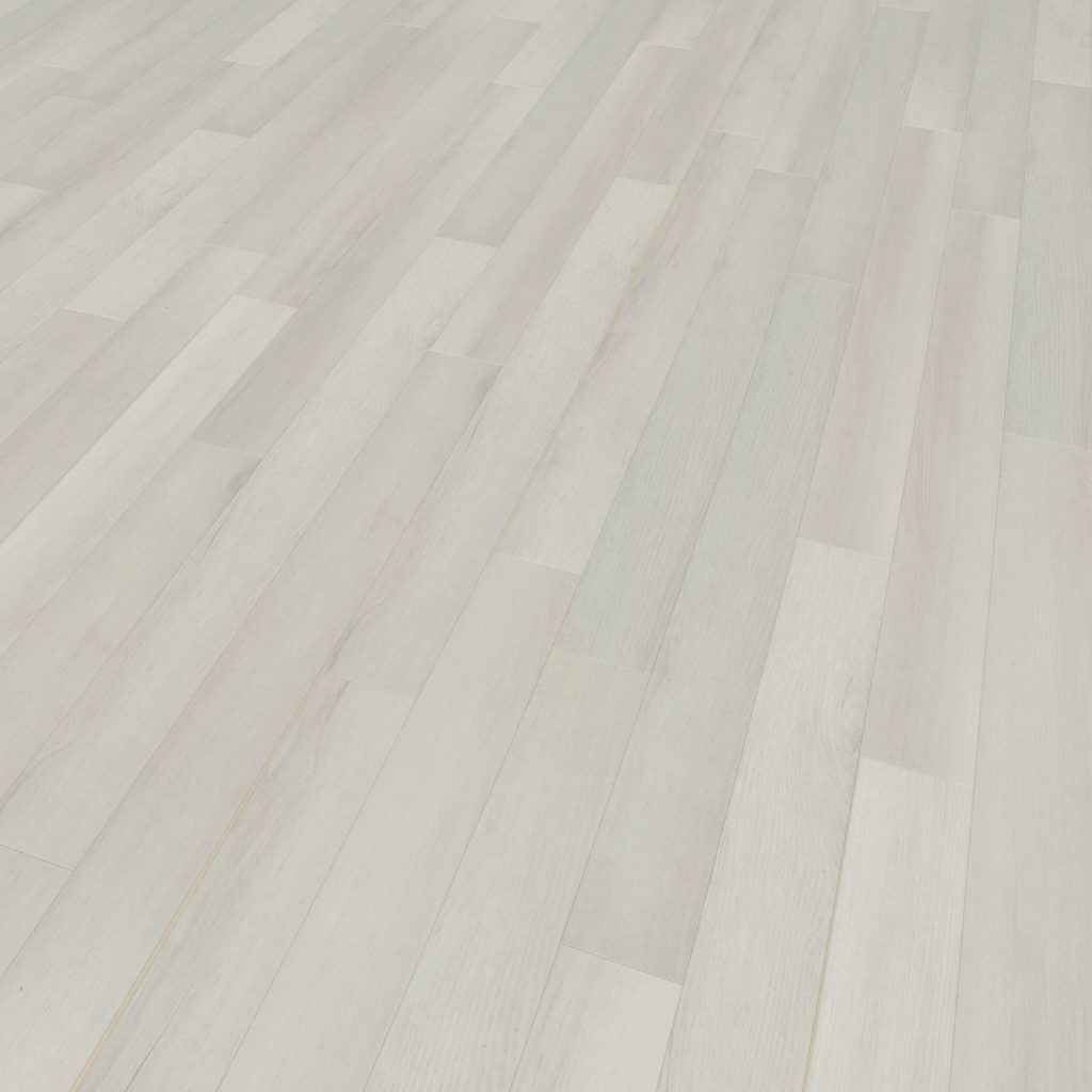 Glenbrook* features long, narrow planks in a staggered layout, showcasing a pale, whitewashed finish and subtle wood grain for a clean, modern look.