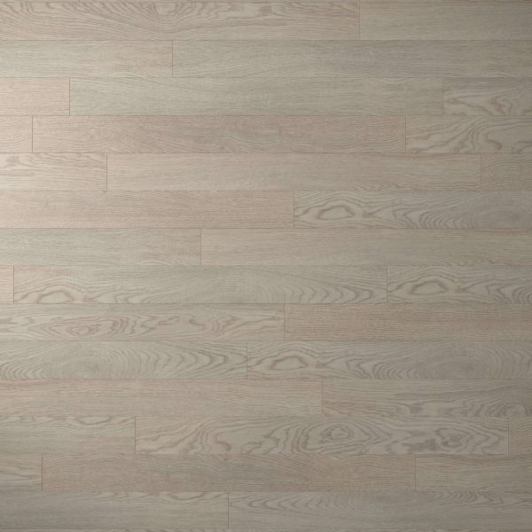 Hillston*: Light gray wood floor featuring a subtle grain pattern and natural variations. Rectangular planks are arranged in a staggered, horizontal layout, creating a smooth and evenly finished surface.