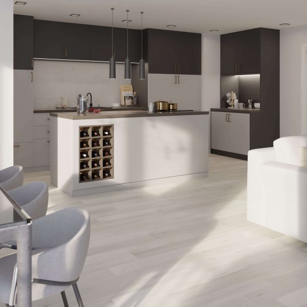 The Richmond* kitchen features a large island with built-in wine rack, gray cabinets, pendant lights, a coffee maker, barstools, and light wood flooring for a bright, open space in neutral tones.