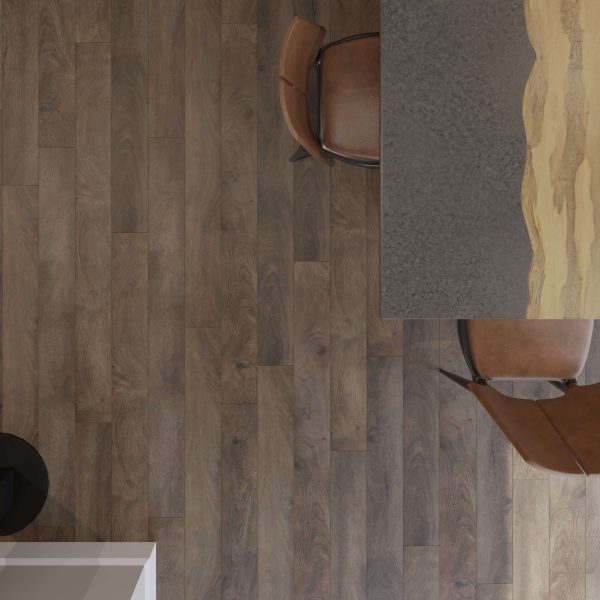 A top-down view of a room featuring Crestview: dark wood flooring, a gray and light-wood table, two brown leather chairs, plus a partial white rectangular object and black round item in the corners.