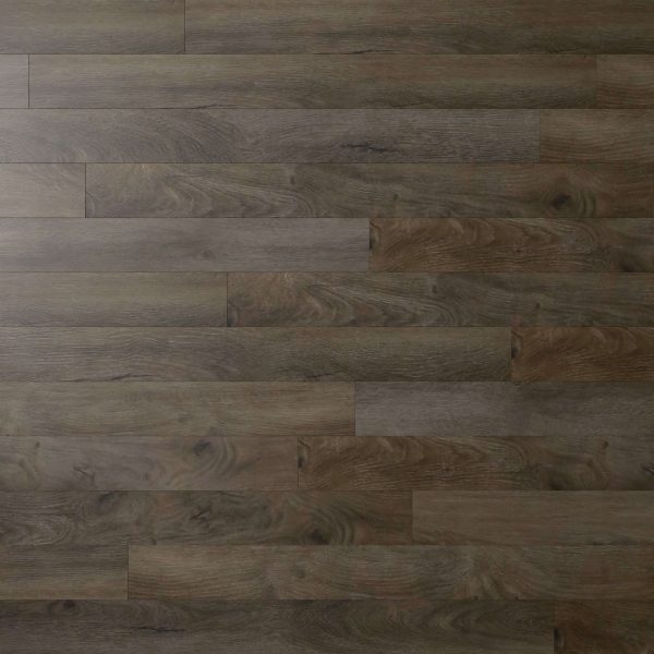 Crestview dark brown wood flooring features a subtle grain pattern and plank design in a horizontal layout, delivering a smooth, modern, and natural look.