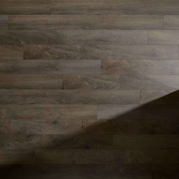 Crestview features dark brown wooden floorboards with visible grain and knots, highlighted by a diagonal beam of light from the right, creating striking contrasts of light and shadow on the surface.