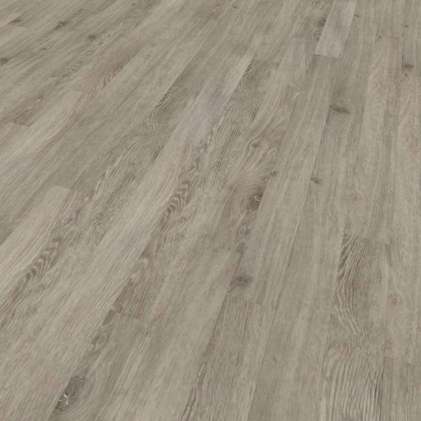 Waverley features light gray wood-look flooring with a subtle grain pattern and natural knots, arranged in long, staggered planks for a smooth, modern surface.
