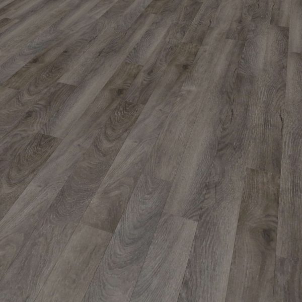 A close-up of the Valley Springs flooring features dark gray and brown wooden planks with realistic wood grain texture and natural patterns.