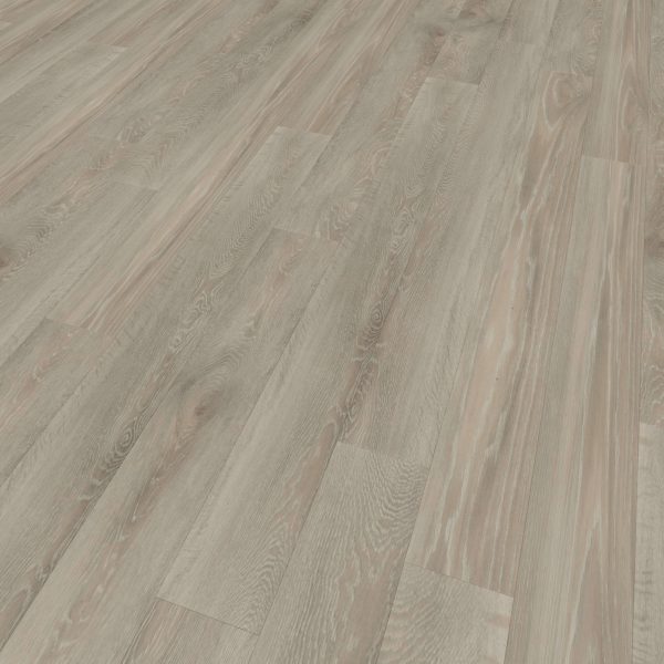 Harrington* features light gray wood-look laminate planks with subtle grain patterns and natural color variations, arranged parallel for a modern, airy feel.