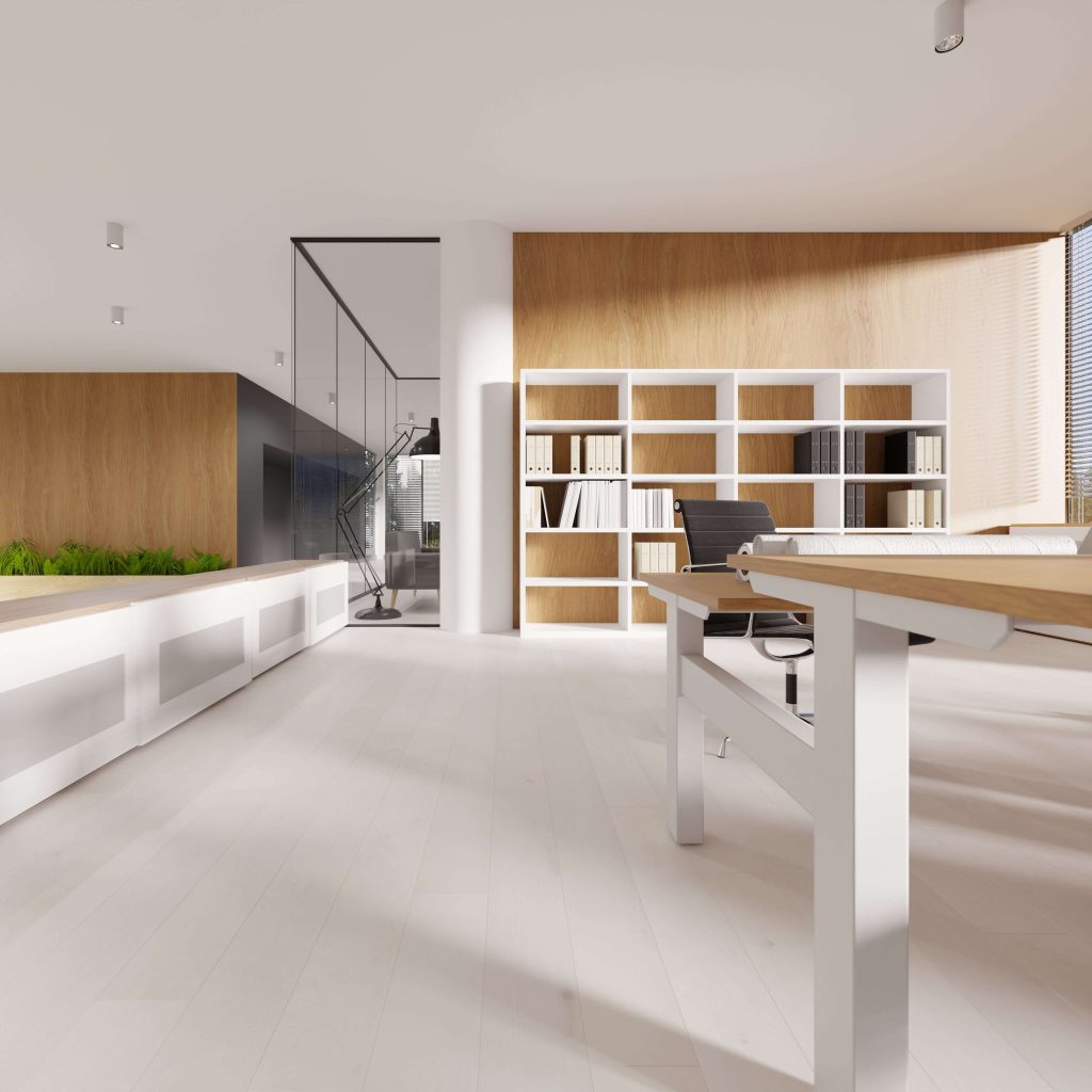 The Harmac features a minimalist modern office design with white floors, wooden accents, a spacious desk, black chair, white shelving for books, a glass partition, and ample natural light from windows.