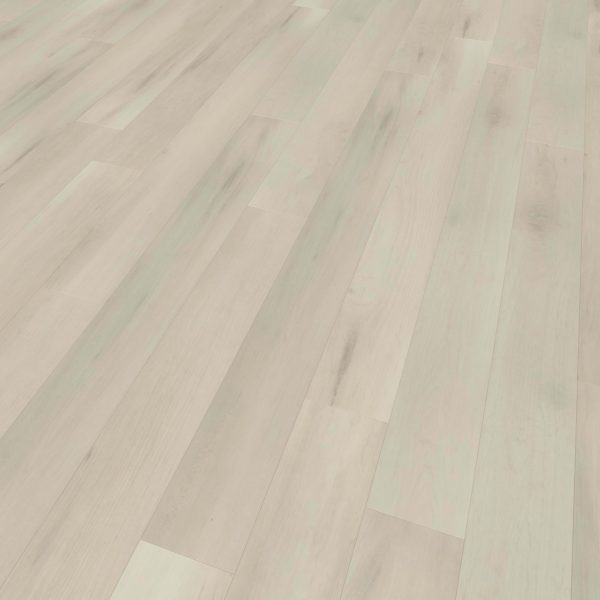 Clermont light wood laminate flooring features subtle grain patterns and a natural wood texture, shown at an angle to highlight the seamless plank arrangement.