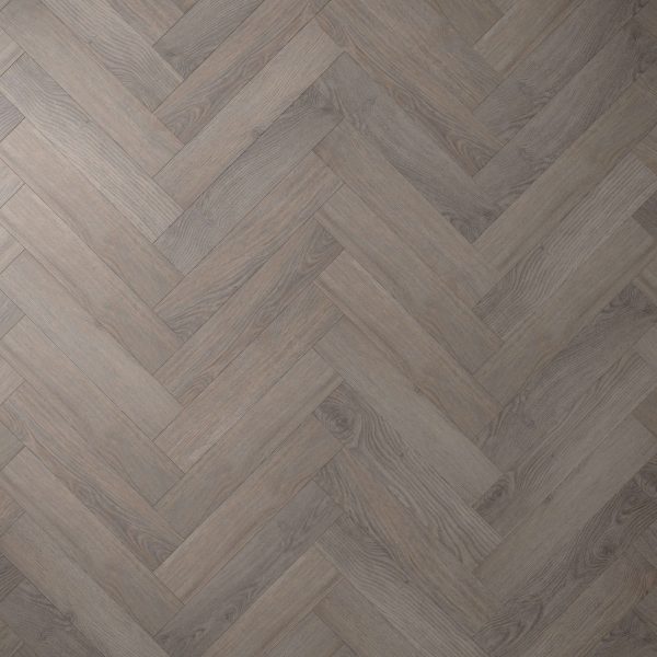 Sandy Ridge features a herringbone-patterned wooden floor in grey and brown shades, highlighting textured grain and natural wood variations.