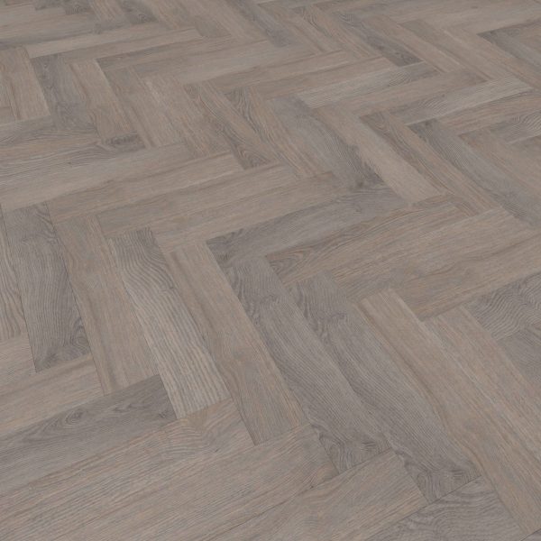 A close-up view of Sandy Ridge flooring, featuring a herringbone pattern in light brown and grayish tones that highlights the natural grain and texture of the wood planks.