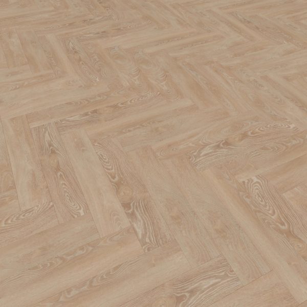 Shelbourne features light wood flooring in a herringbone pattern, showcasing natural grain and knots. Its warm, neutral tone and smooth matte finish create an inviting, elegant look.
