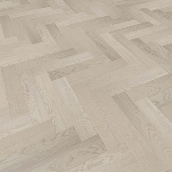 Close-up view of Wentworth* light wood floorboards in a classic herringbone pattern, displaying subtle grain and a smooth, matte finish.