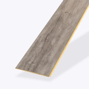 A single long, rectangular plank of High Point light gray wood-look flooring with natural grain patterns and a yellow edge is shown on a plain white background.