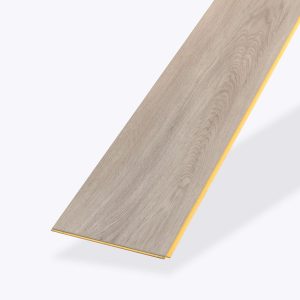 A single Cable Bay* light wood-look laminate flooring plank with realistic grain patterns and a yellow underlayer, shown on a plain light background.