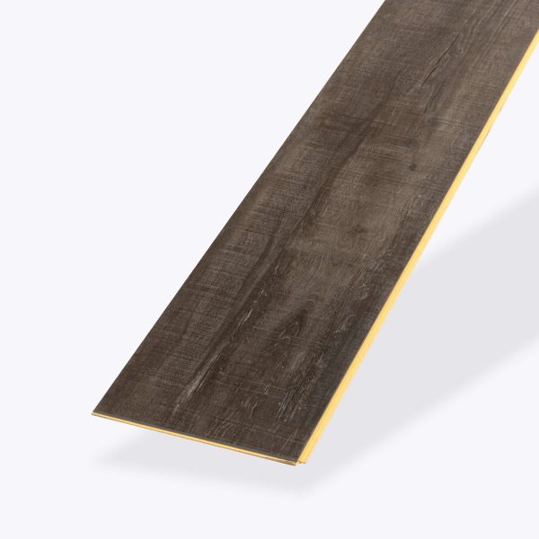 A single Seabright* dark brown wood-look vinyl plank with a textured surface and yellow edges, displayed on a plain light gray background.