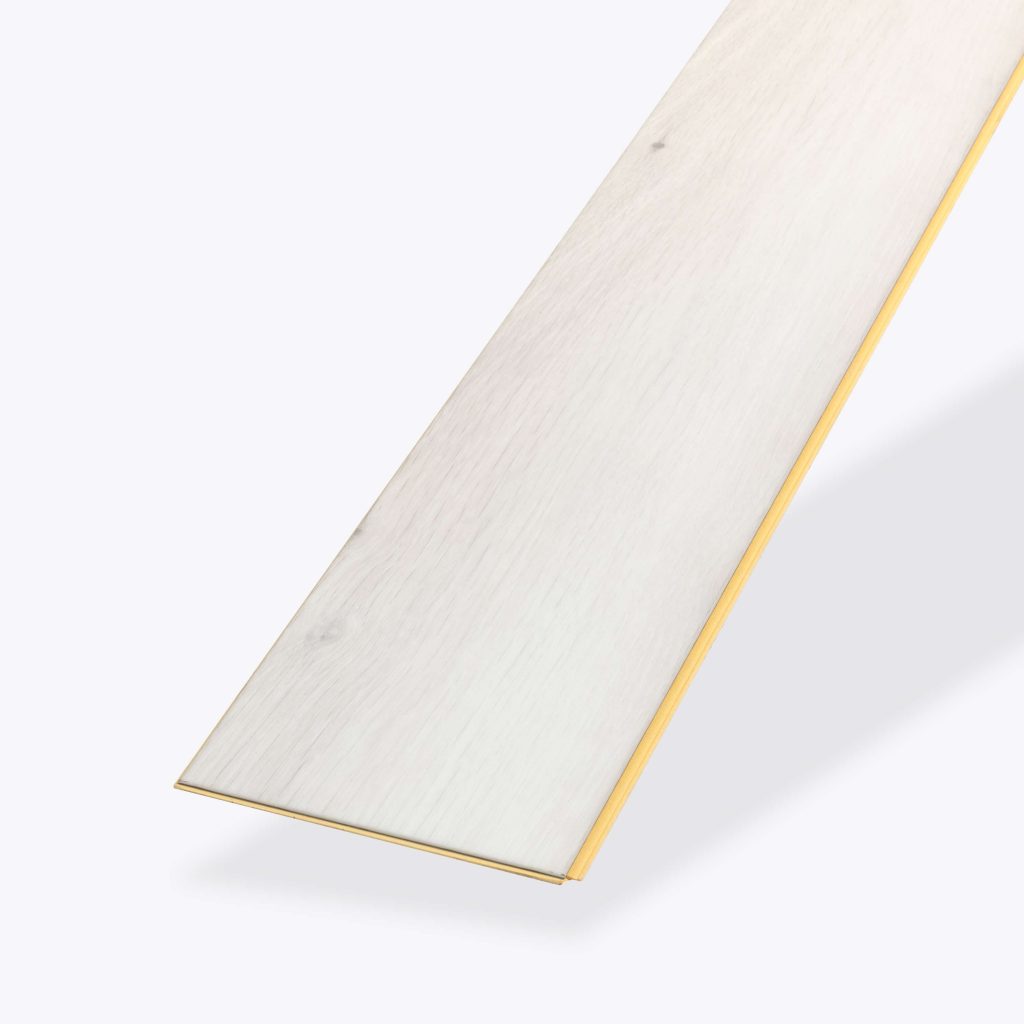 A single, elongated, rectangular plank of Harmac light-colored laminate flooring with subtle wood grain details is displayed on a plain white background.