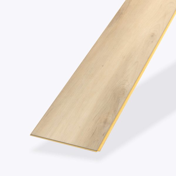 The Clermont laminate flooring plank, in light wood color, is displayed on a plain white background at an angle, with one end closer to the viewer and its edges clearly visible.