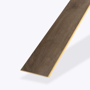 A single plank of Crestview dark brown wood-look flooring with visible grain texture is photographed on a plain white background at an angle to show its length and edge detail.