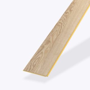An Oyster Bay light wood laminate flooring plank with a natural wood grain pattern and a yellow edge, shown isolated on a white background.
