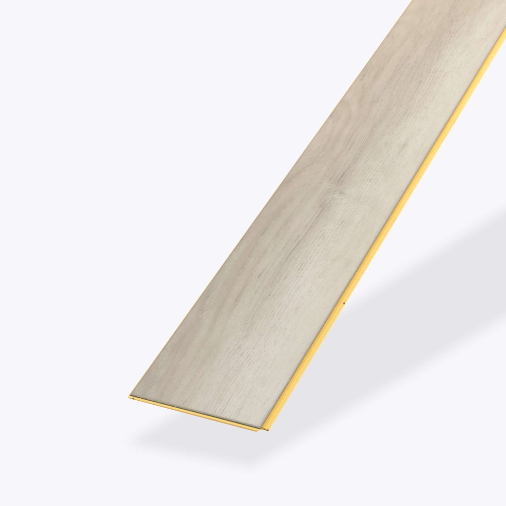 A single Glenbrook light wood-colored laminate flooring plank with a yellow edge, placed diagonally on a plain white background.