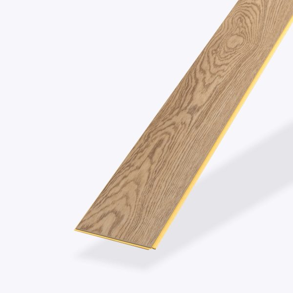 A single, rectangular Hillston* flooring plank in light brown with a natural grain pattern is shown diagonally on a plain white background. The edge features a yellow strip.