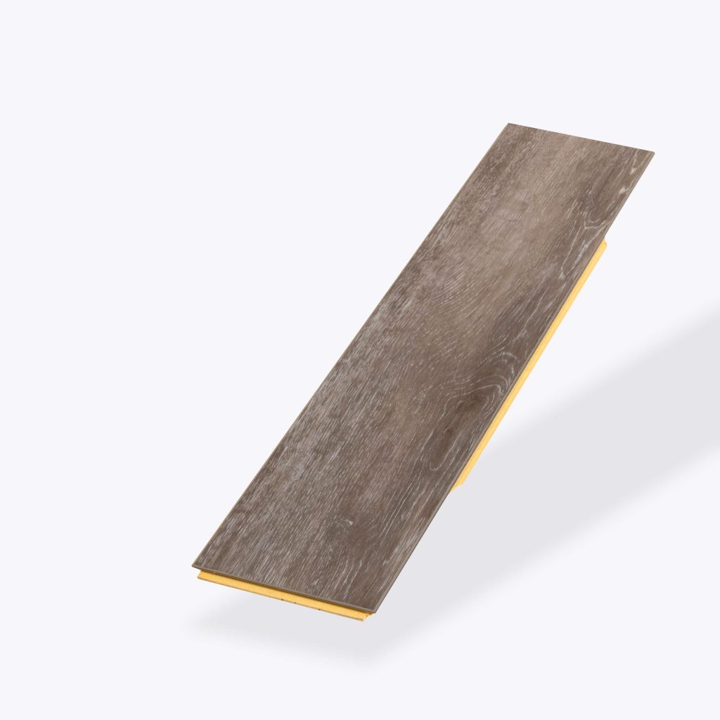 A single Beach House* rectangular wooden floor plank with a brown, textured surface and a yellow underside is displayed against a plain light gray background.