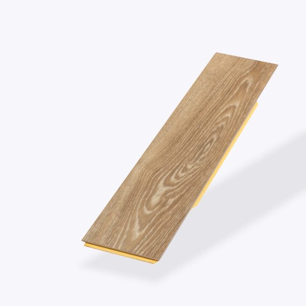 The Shelbourne laminate flooring plank features a light brown wood grain pattern and a yellow groove, shown isolated on a white background.