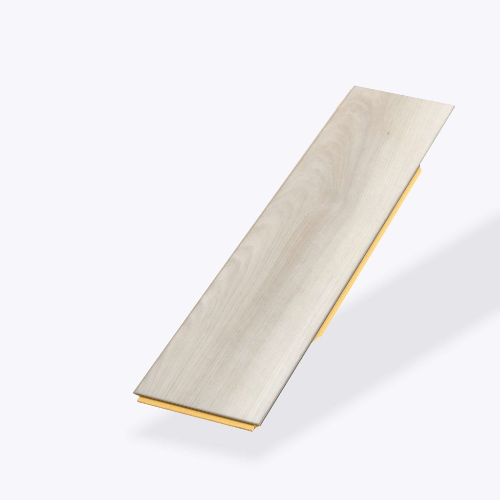 The Glenbrook* features a single light wood plank with a subtle grain pattern, shown at an angle on a plain white background and a yellow underlayer partially visible along the edges.