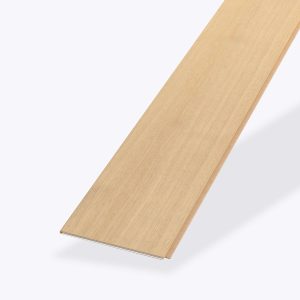 A single Coastal Oak* light-colored wooden plank with a smooth surface is viewed at an angle against a plain white background, suitable for flooring or paneling.