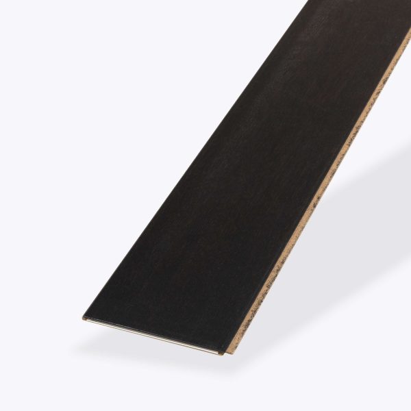 A close-up of a single Cityscape Oak* plank, dark brown and rectangular with a wood texture, displayed against a plain light background.