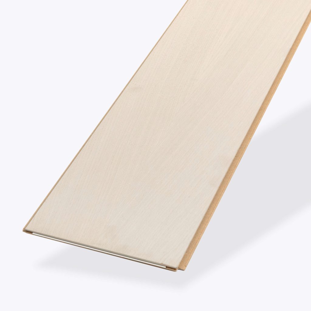 A single Dove Oak R&Q* light wood laminate flooring plank is shown on a plain white background, angled to highlight its length and smooth surface texture.
