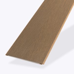 A single Solano Oak R&Q* brown wood-look vinyl plank is displayed at an angle on a light background, highlighting its textured grain pattern and interlocking edge.