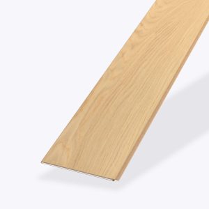 A single White Oak Natural Rustic plank is displayed on a plain white background, angled to highlight its length and smooth, natural wood grain texture.