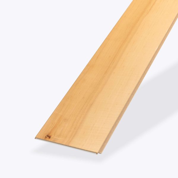 A single Maple Natural* plank with a smooth surface, natural wood grain, and a small knot near one edge, is slightly angled against a plain white background.