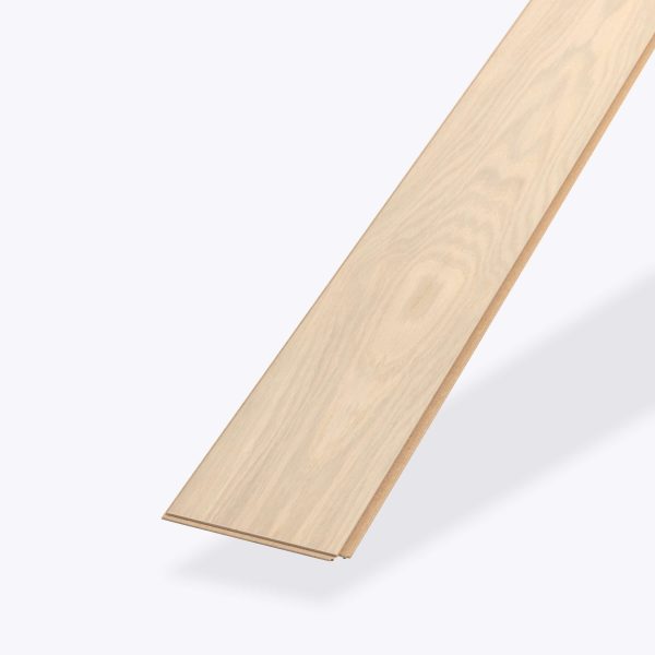 A single, long Alabaster Oak* plank with a light hue, smooth texture, and interlocking edges, isolated on a plain white background.