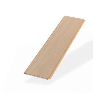 A single Everglade Oak* (Right) light wood laminate flooring plank with a smooth surface is shown diagonally against a white background, casting a soft shadow.