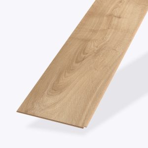 A single Juventas Oak light brown wooden plank with a natural wood grain pattern is shown on a plain white background, highlighting the texture and detail of the wood's surface.