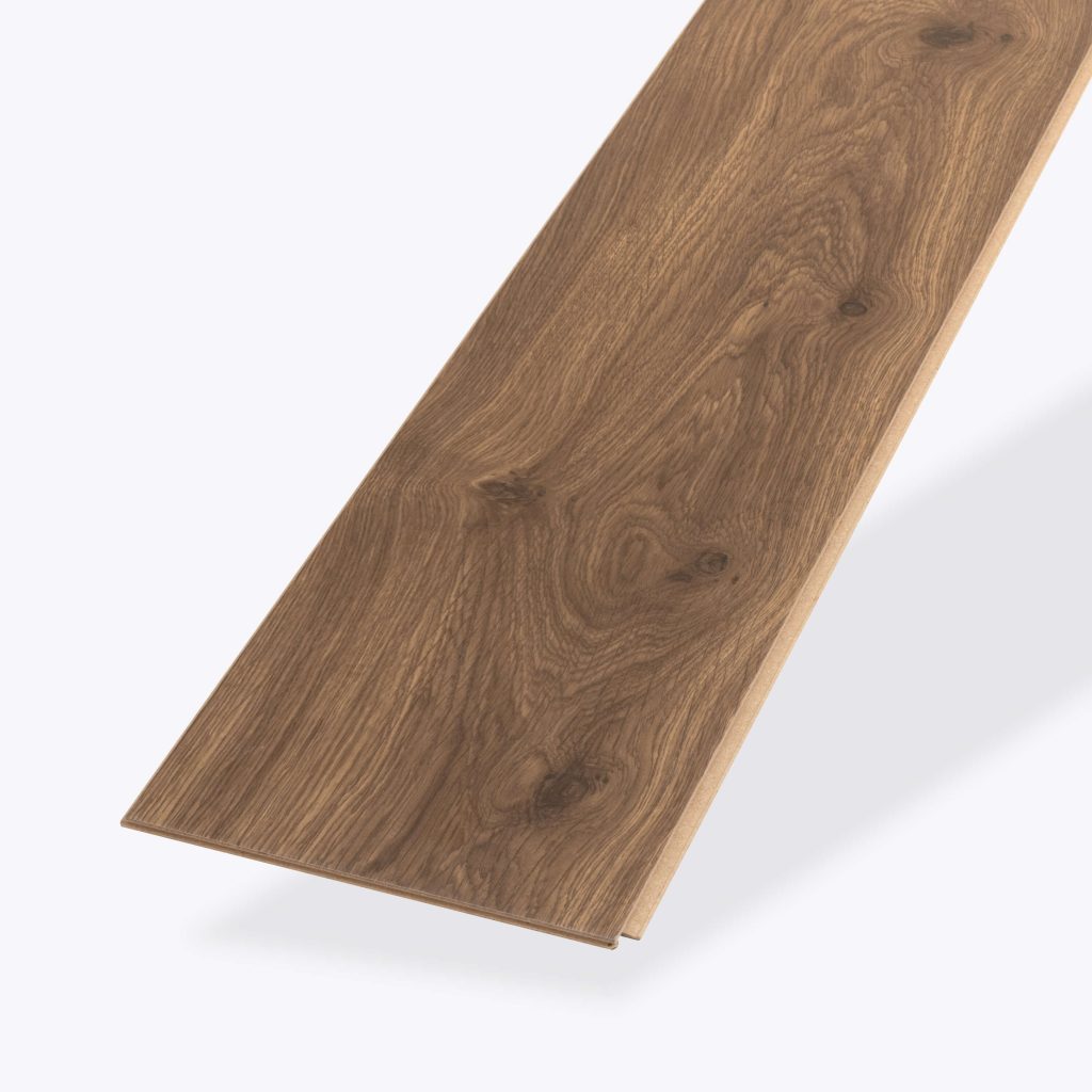 A single Cadmus Oak flooring plank in light brown, showcasing a natural wood grain pattern with knots, displayed on a plain white background.